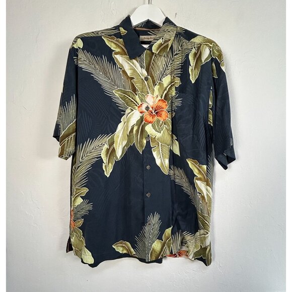 Tommy Bahama Mens Short Sleeve Hawaiian Silk Shirt Large Blue Tropical Floral - Picture 1 of 7